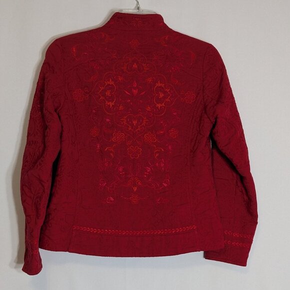 COLDWATER CREEK Red Jacquard Long Sleeve Embroidered Short Jacket; Size 6 - Picture 3 of 7